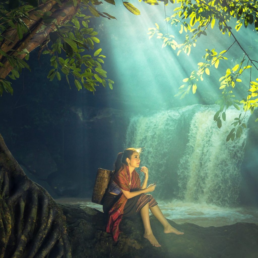 Waterfall with seating Woman whatsapp dp image